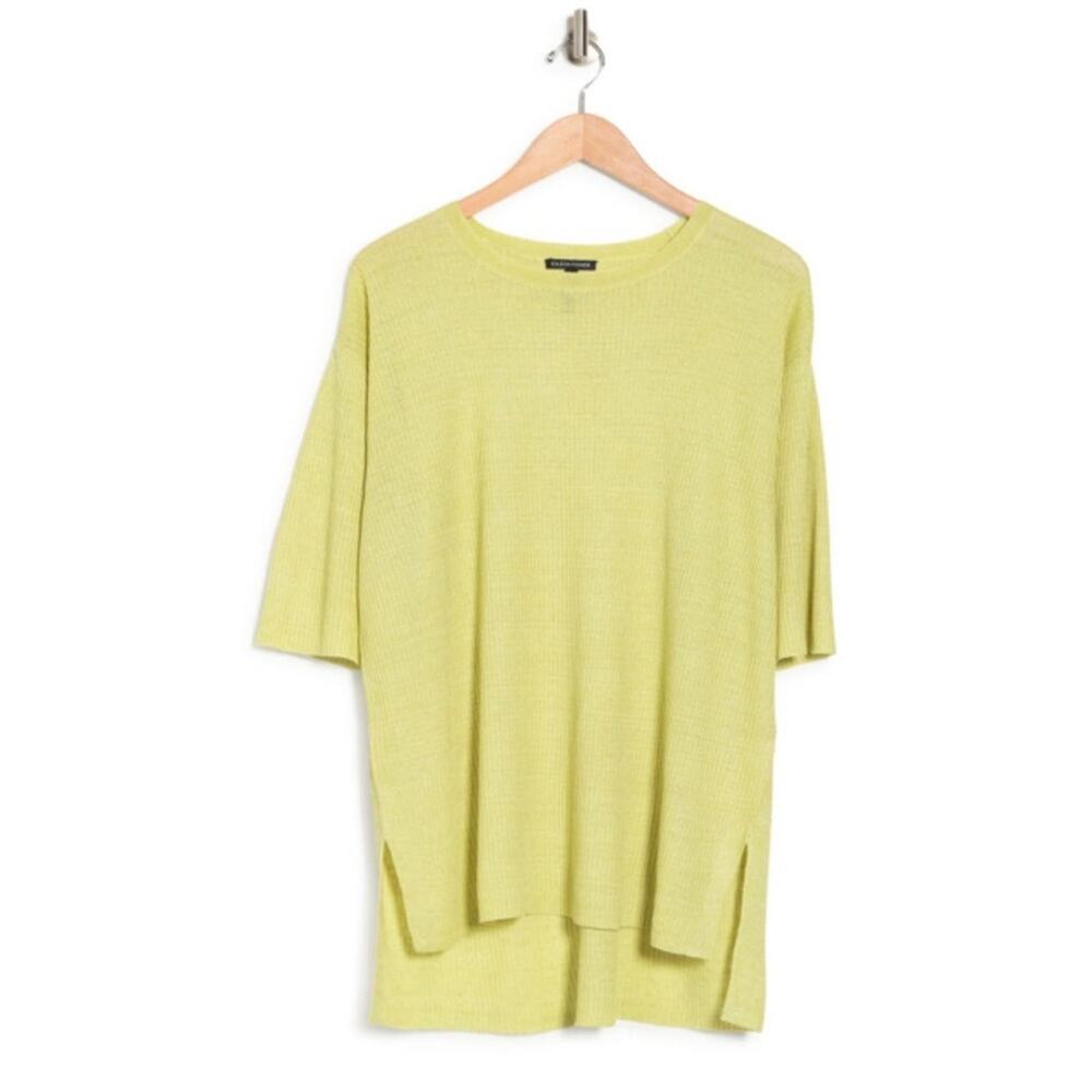 Eileen Fisher Canary Yellow Organic Linen Side Slit 1/2 Sleeve Tunic Top Medium